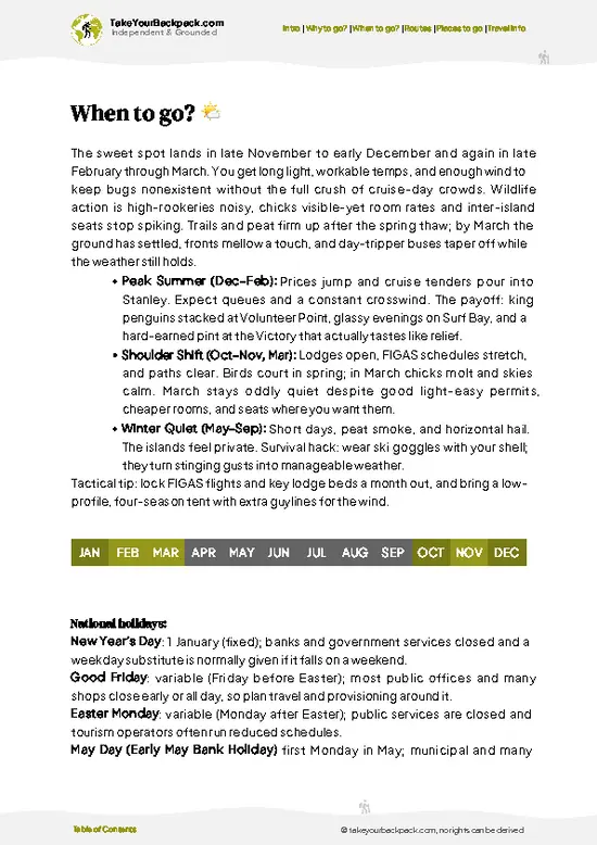example page 3 from our offline Travel Guide for Falkland Islands